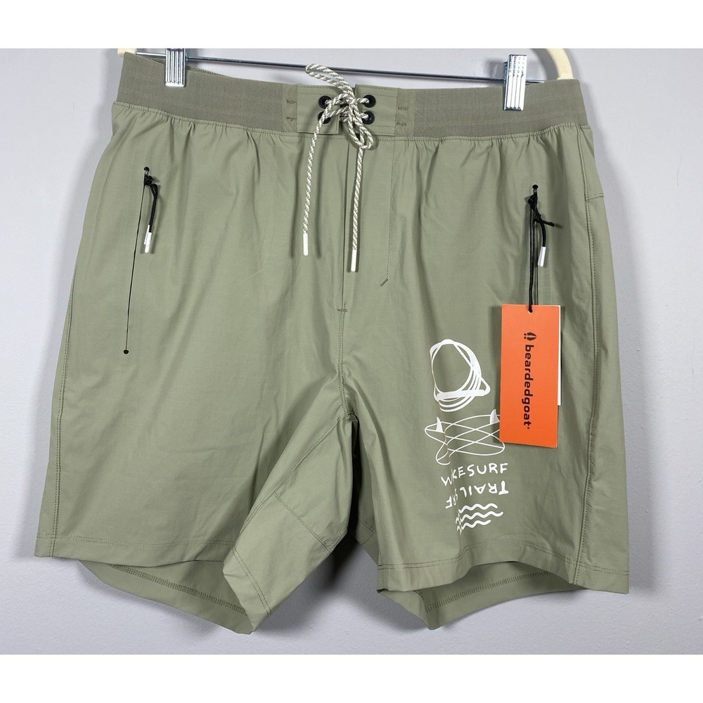 Bearded Goat Swim Shorts Mens L Green Hybrid Pull On Drawstring Beach Surf Trail